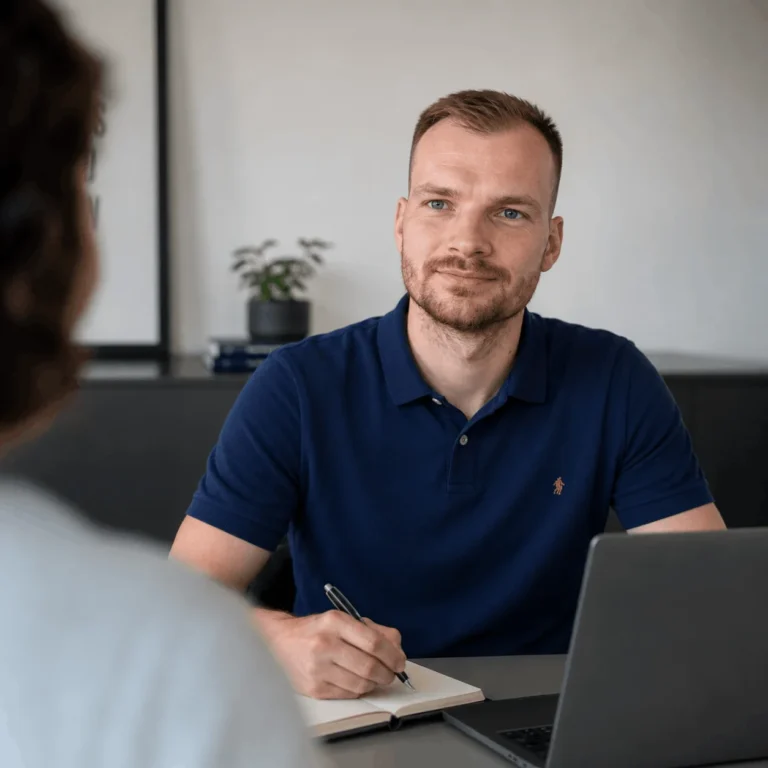 Luc de Koning, eigenaar van KingMedia, in gesprek met een klant over een WordPress website op maat